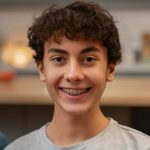 A person with braces choosing healthy food options like fruits and vegetables to support orthodontic treatment.